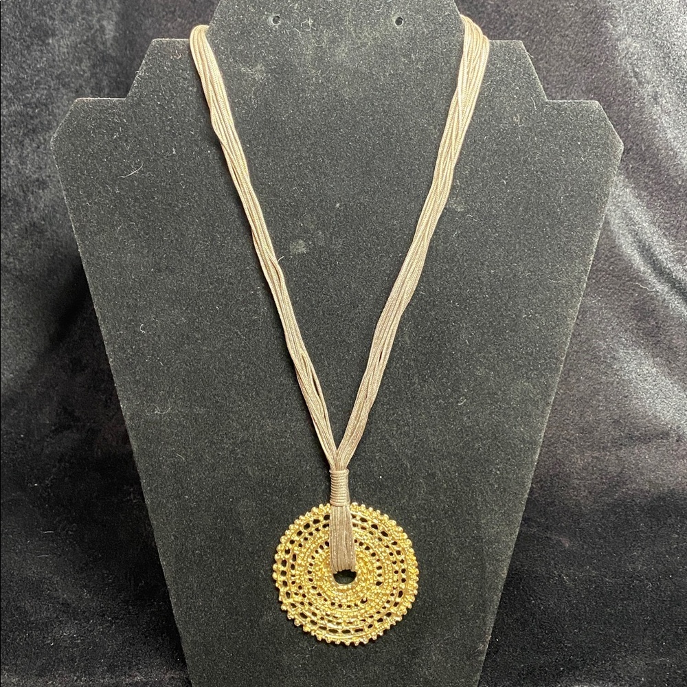 Chico's Tan Multi-Strand Necklace With Gold Woven Medallion Pendant